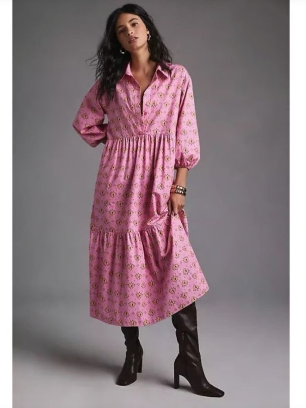 Anthropologie Maeve Bettina Tiered Pink Floral Shirt Dress 100% Cotton